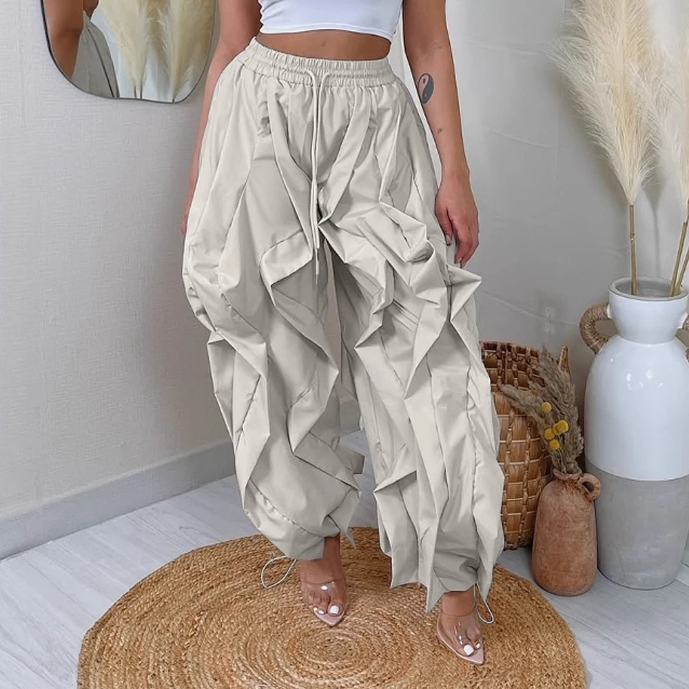 Sommer Mode 2025, Frauen Rüschen Drucken Cargo Hosen Casual Neue Weibliche Streetwear Jogger Elastische Hohe Taille Lose Laterne Hosen – Detail 5