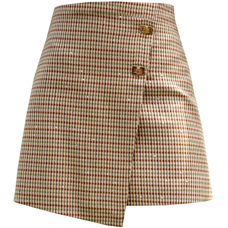 Olrain a linha xadrez mini saia feminina 2025 primavera verão moda irregular commute casual cintura alta saias emendadas o21qb53598