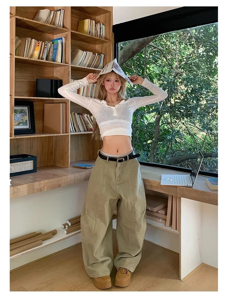 Pantalon Cargo taille haute pour femmes, Style américain rétro, jambes droites, ample, décontracté, jambes larges, longueur au sol