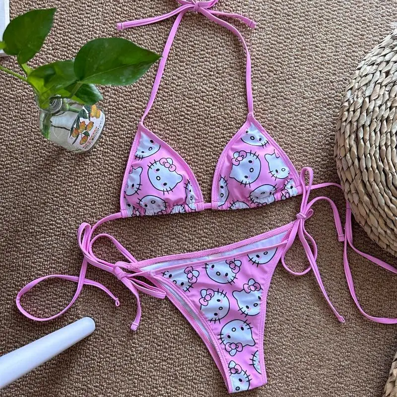 Kawaii Hello Kitty Bikini Set Anime My Melody Kuromi Donna Cartoon Stampa Triangolo String Costume da bagno Y2K Vintage Beachwear Costumi da bagno