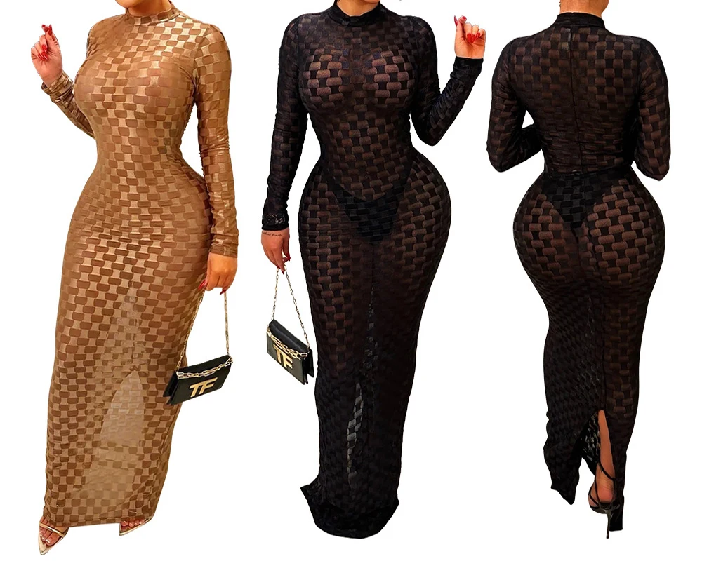 Turtleneck Skinny Women Dresses Sexy Skirt Long Sleeve Bodycon Sexy Streetwear Party Club Hollow out Long Dress