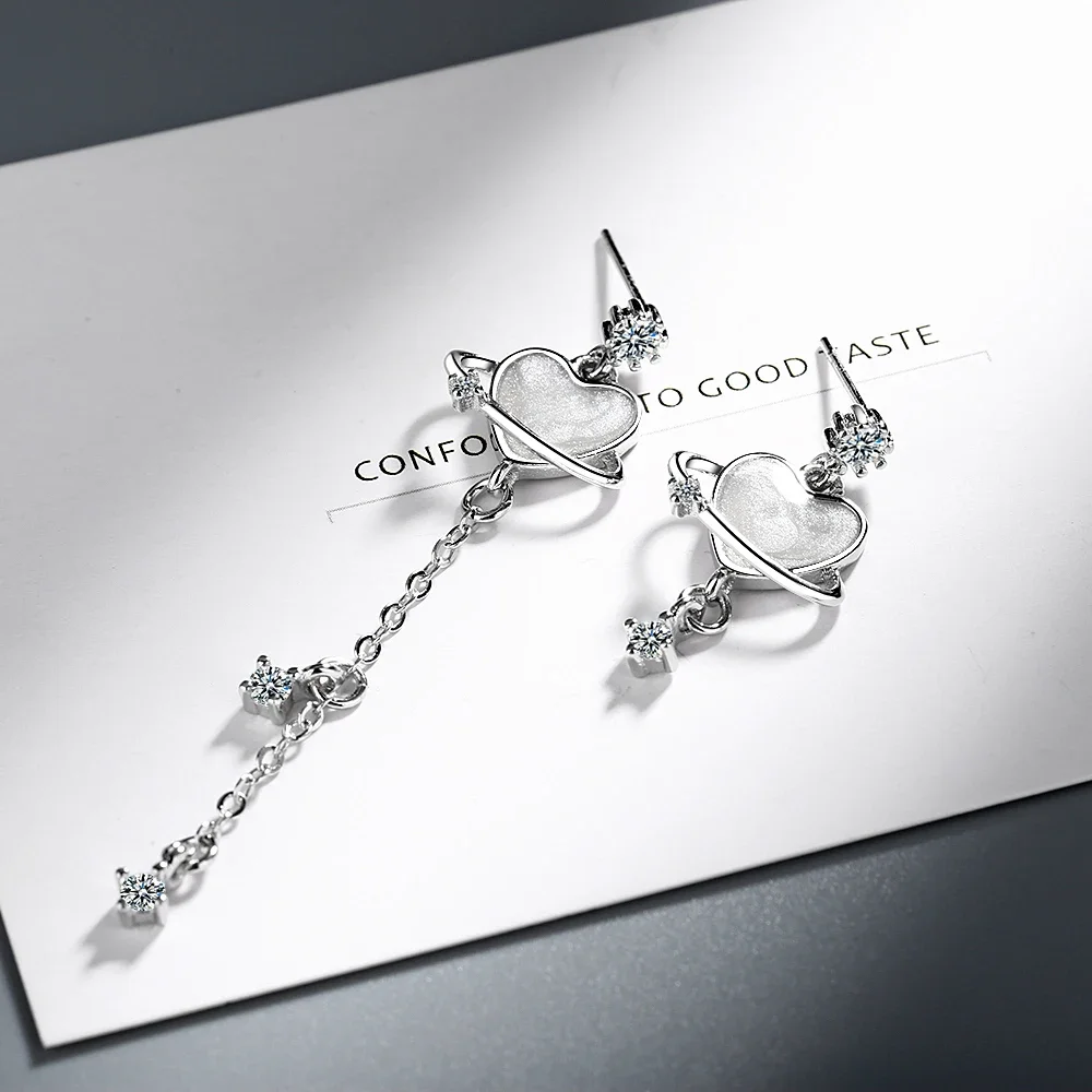 Trendy Pendientes 925 Sterling Silver Asymmetric Heart Zircon Dream Planet Drop Earrings for Women Long Tassel Earring Oorbellen