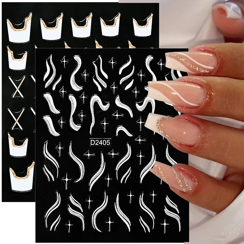 Laser Glitter French Design Nail Stickers Waves Curve Ribbon Gold Silver Stripes Lines Nail Art Decals Reflective Powder Sliders