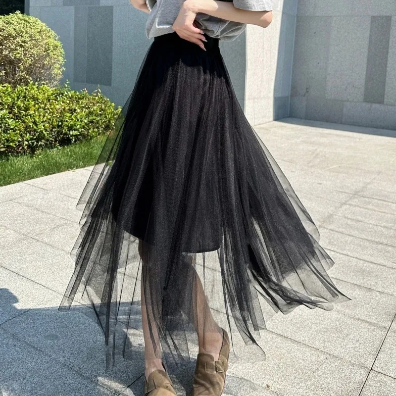 

2025 New Streetwear Women's Irregular Tulle Skirts Elastic High Waist Mesh Tutu Skirts Lady Casual Pleated Long Lace Skirt Women