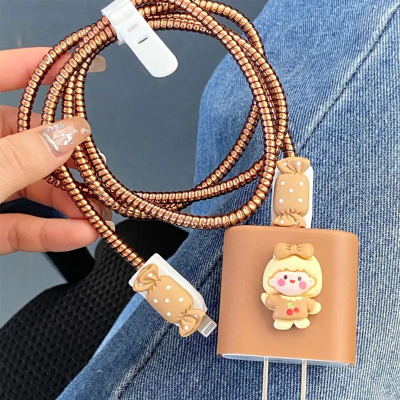 5 in 1 Brown Cartoon Cute Cable Protector Set Compatible for iPhone 20W USB Wire Cord Saver iPhone Charger Protector