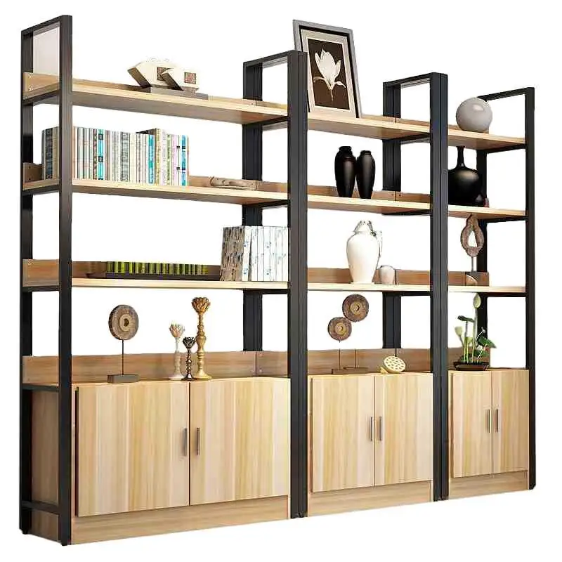Rak Buku Sederhana Kreatif Rak Pajangan Serbaguna Kabinet Penyimpanan Baja dan Kayu Rak Buku