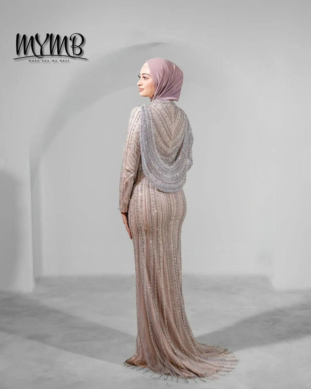 MYMB Luxury Beaded Long Sleeves Muslim Evening Gown for Wedding Party Dubai Modest High Neck Mermaid Formal Events Dress MB40149