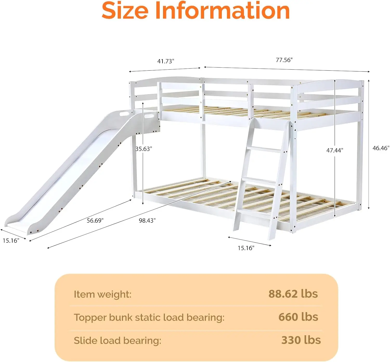 Bunk with Curved Slide, Bed Over Twin, Toddler with and Angled Ladder, Solid Pine Wood