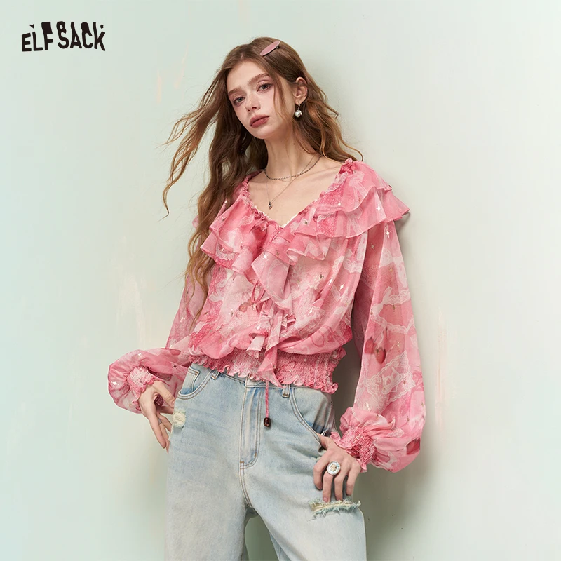

ELFSACK Pink Ruffle Blouse for Women, Long Sleeve Floral Print Chiffon Top Loose Fit Casual Shirt for Spring Summer