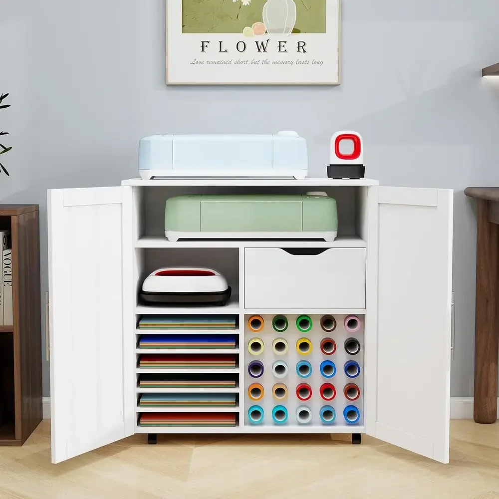 Rolling Cart Cabinet for Cricut or Storage, Workstation with Vinyl Roll Holder, 31.6W x 15.8D x 33.7H