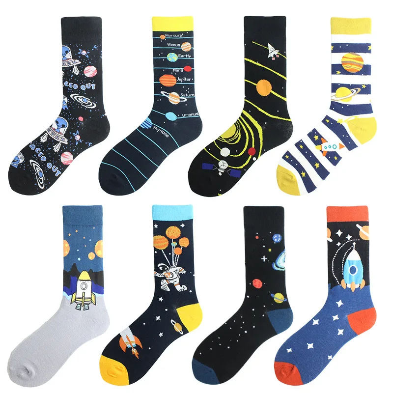 Happy Funny Unisex Painting UFO Astronaut Outer Space Rocket Men Crew Socks Male Boys Streetwear Cotton Causal Skateboard Sox