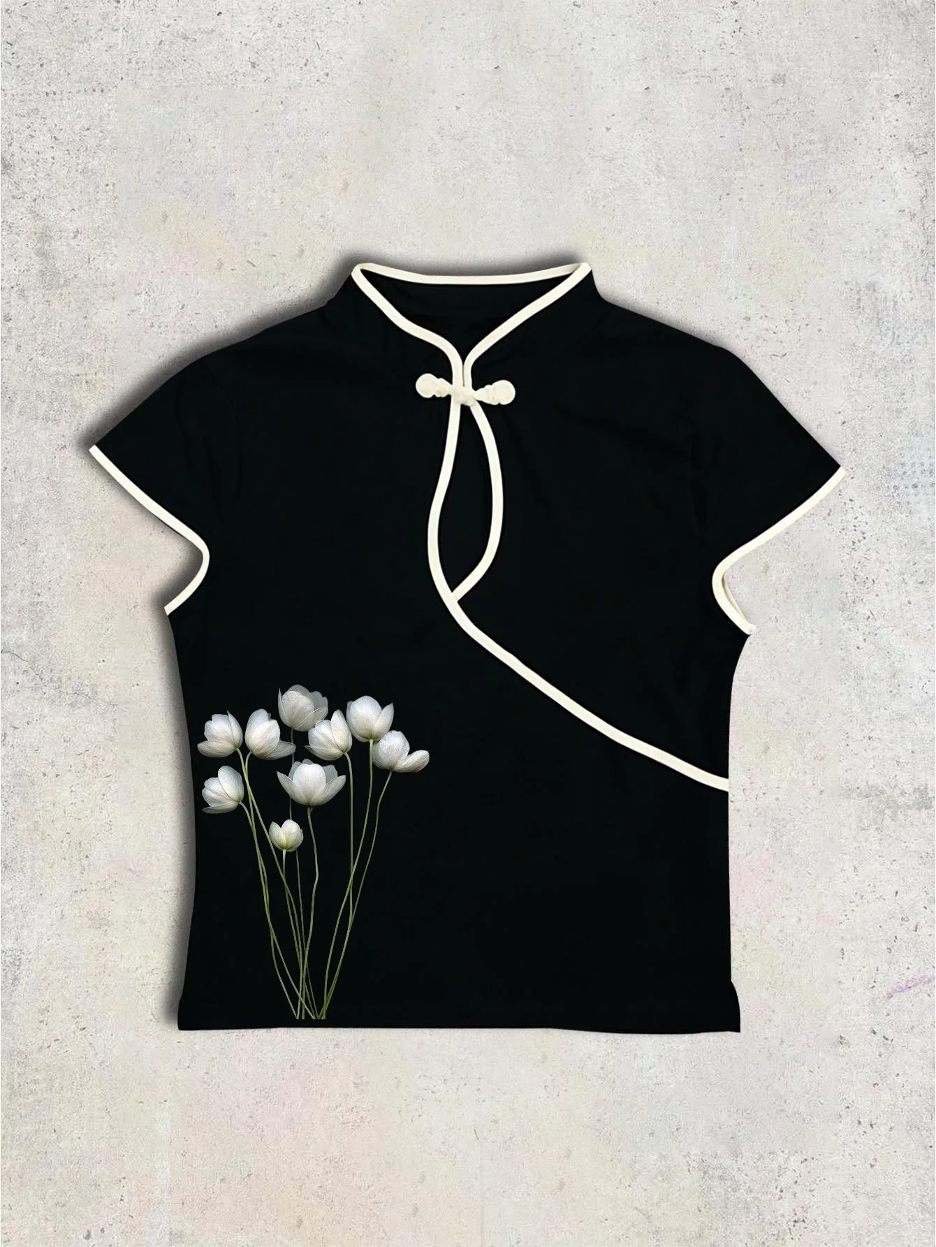 Chinese Style Qipao Blouse Women Black Lotus Print Frog Button Contrast Trim Slim Fit Top 2026