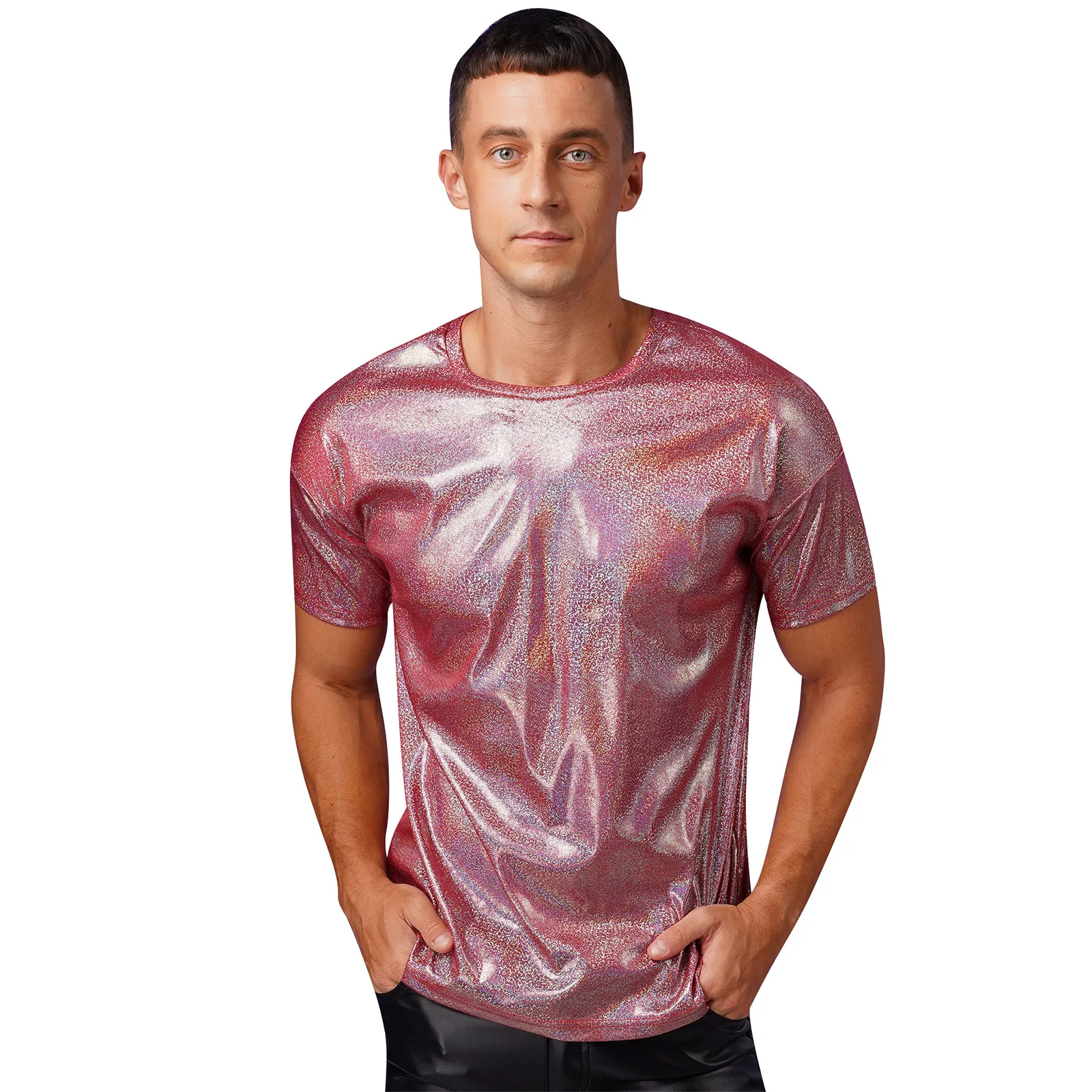 Mens Shiny Metallic T-shirt Short Sleeve Round Neck Sparkly Tops Hip Hop Jazz Dance Performance Tee Shirt Rave Party Street Look