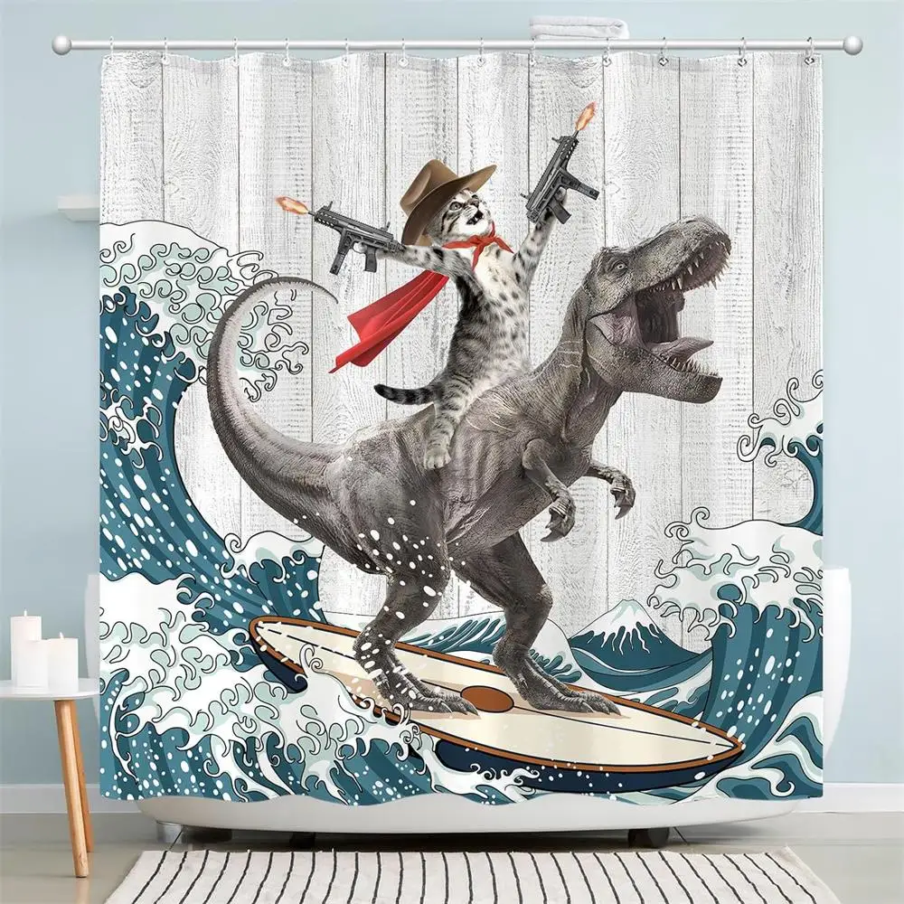 Funny Cat Shower Curtains Fun Animal Riding Dinosaur Nautical Blue Ocean Sea Waves Bath Curtain Kids Bathroom Decor with Hooks