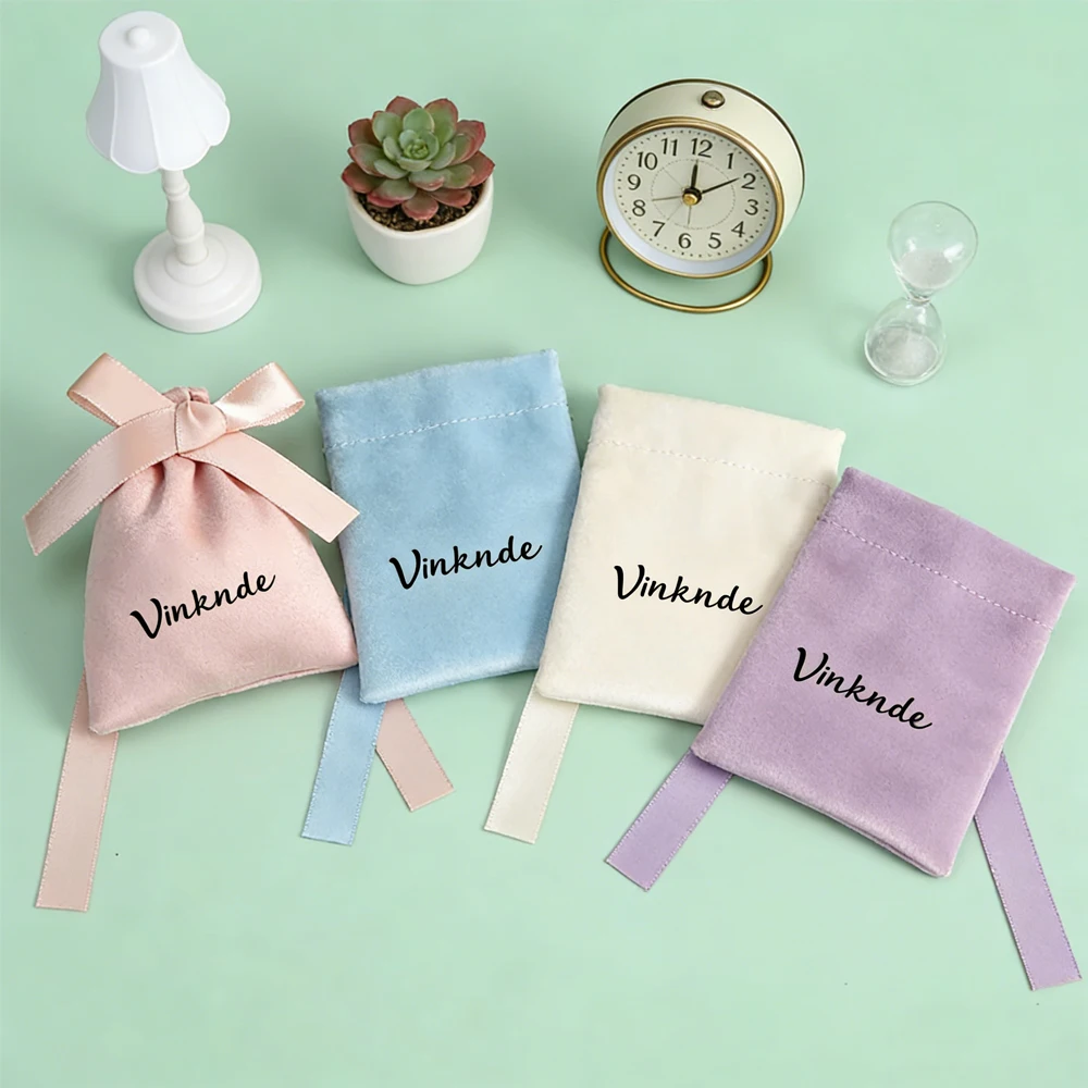 

100Pcs Personalized Logo Flannel Jewelry Drawstring Bags Velvet Gift Bag with Silk Wedding Favor Candy Sack Packaging Pouches
