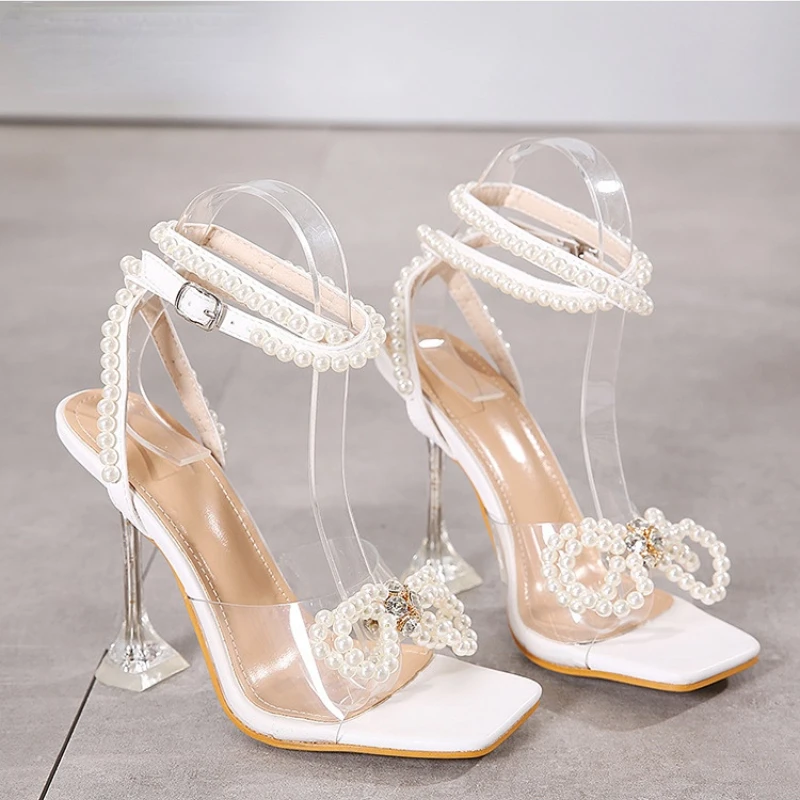 Women Rhinestone Bowknot Sandals Square Toe Transparent Luxury Pearls Bowknot High Heels Summer Sexy Strap Shoes Plus Size 34-42