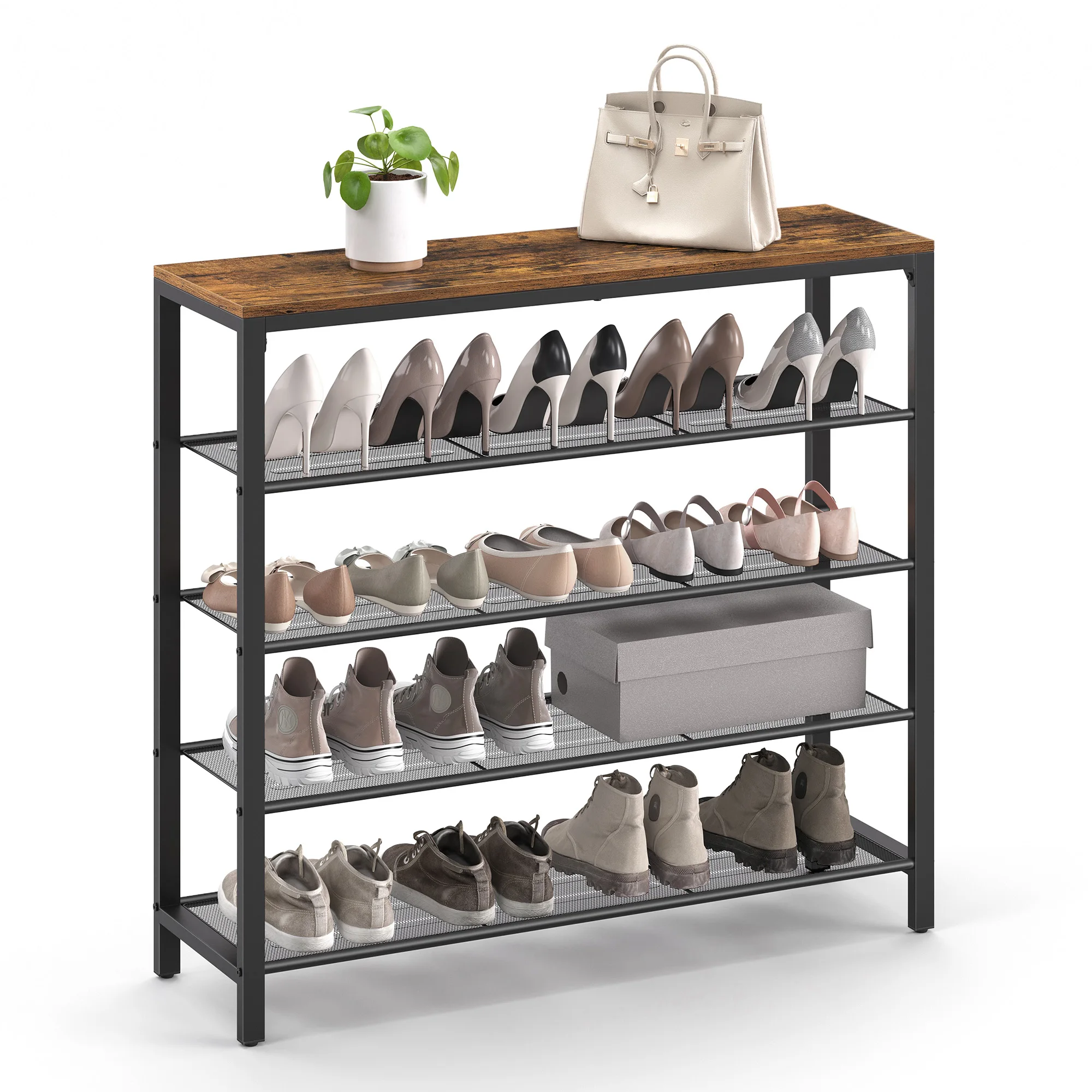 VASAGLE Schuhregal, Schuhablage mit 4 Gitterebenen und großzügiger Oberfläche für Taschen, für den Eingangsbereich, Flur