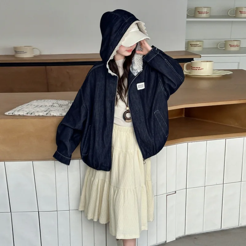 

Куртка Топ Кружевная джинсовая куртка с капюшоном для девочек Детская корейская осенняя новая модная свободная повседневная милая куртка с длинными рукавами