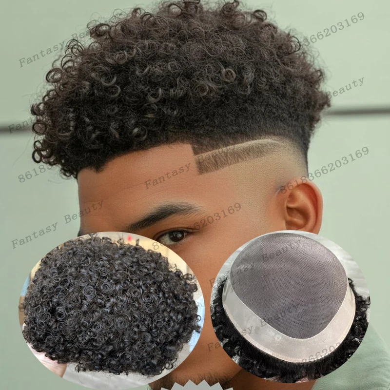 

Мужской парик-система из натуральных волос Remy, 12 мм, кудрявый, легко надеваемый, сверхпрочный, самый дешевый, с моно-основой, дышащий, для мужчин, черный, афро-стиль