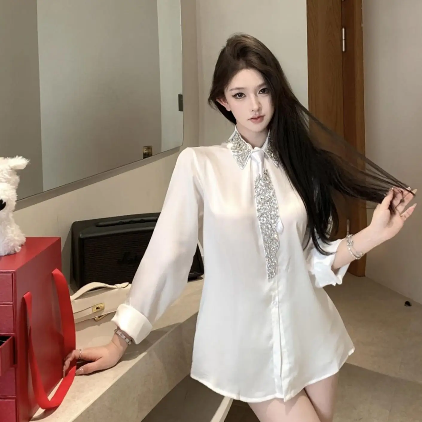 Luxury Woman Diamonds Beaded Turn Down Collar Faux Silk Rhinestones Tie Shirts Glossy Satin Crystal Blouses OL Cardigan Tops