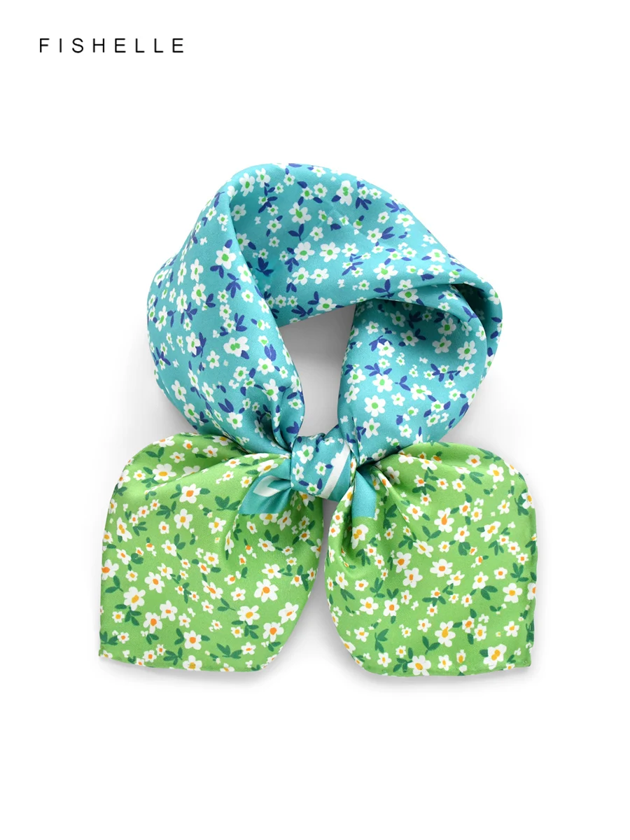 

Blue Green Floral Print 100% Natural Silk Scarf Twill Women's Wrap Shawl Neckerchief 50cm Luxury Gift Kerchief Accessories