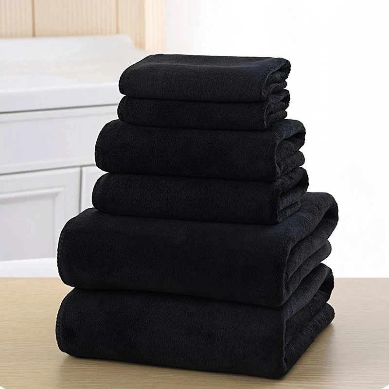 2pcs Towel and Bath Towel Set，Adult Microfiber  Bathroom Absorbent Soft Quick Dry Black Towel，Beachtowel Black