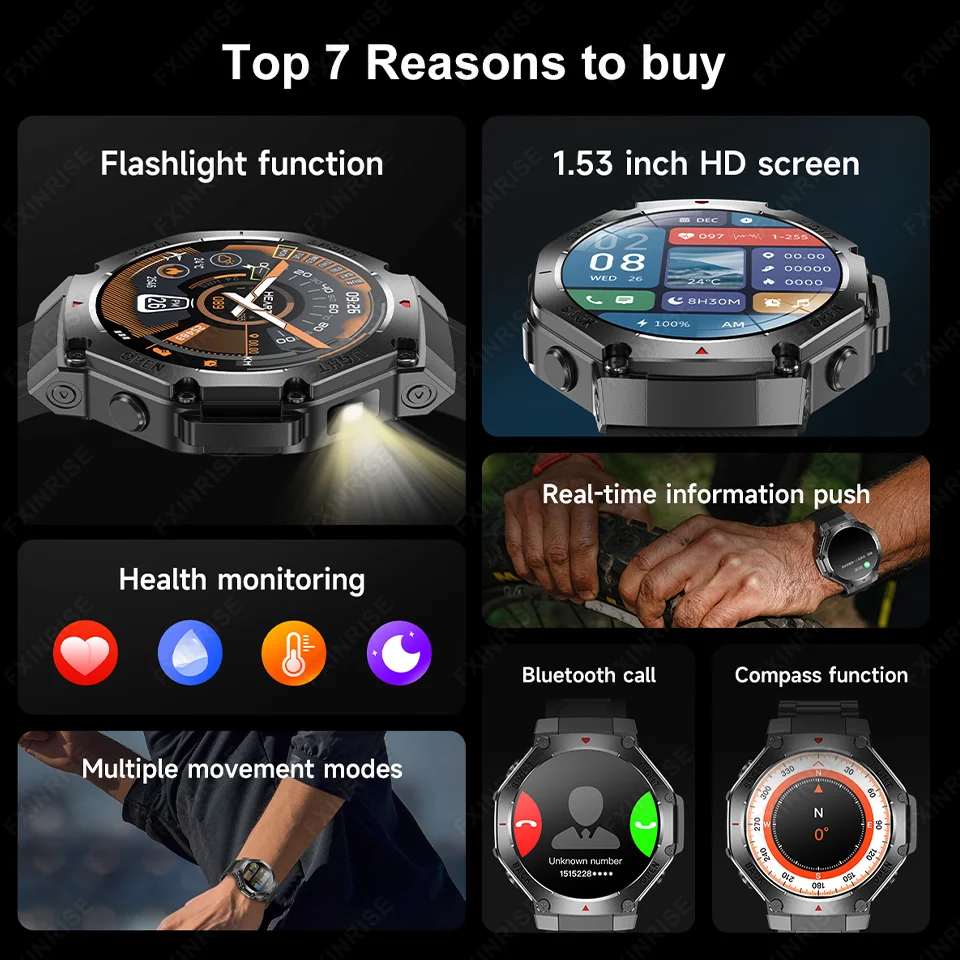 Original Men Smart Watch Outdoor Sports Fitness Watch Bluetooth Call GPS Compass Flashlight Heart Rate Waterproof Smartwatch New