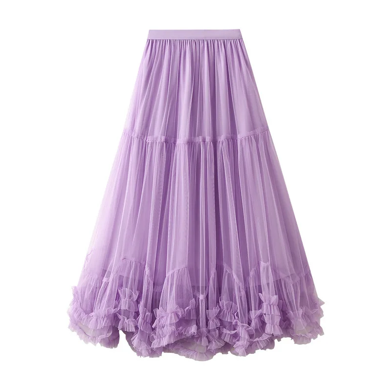 New 2025 Women's Spring Summer Solid Color Tulle A-line Sweet Tutu Long Skirt Female Korean Fashion Party Mesh Skirts