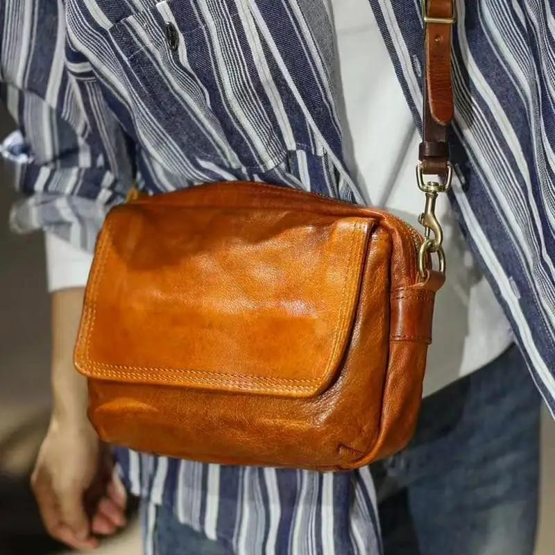 PNDME vintage handmade genuine leather men's women's diagonal bag outdoor casual high quality first layer cowhide shoulder bag