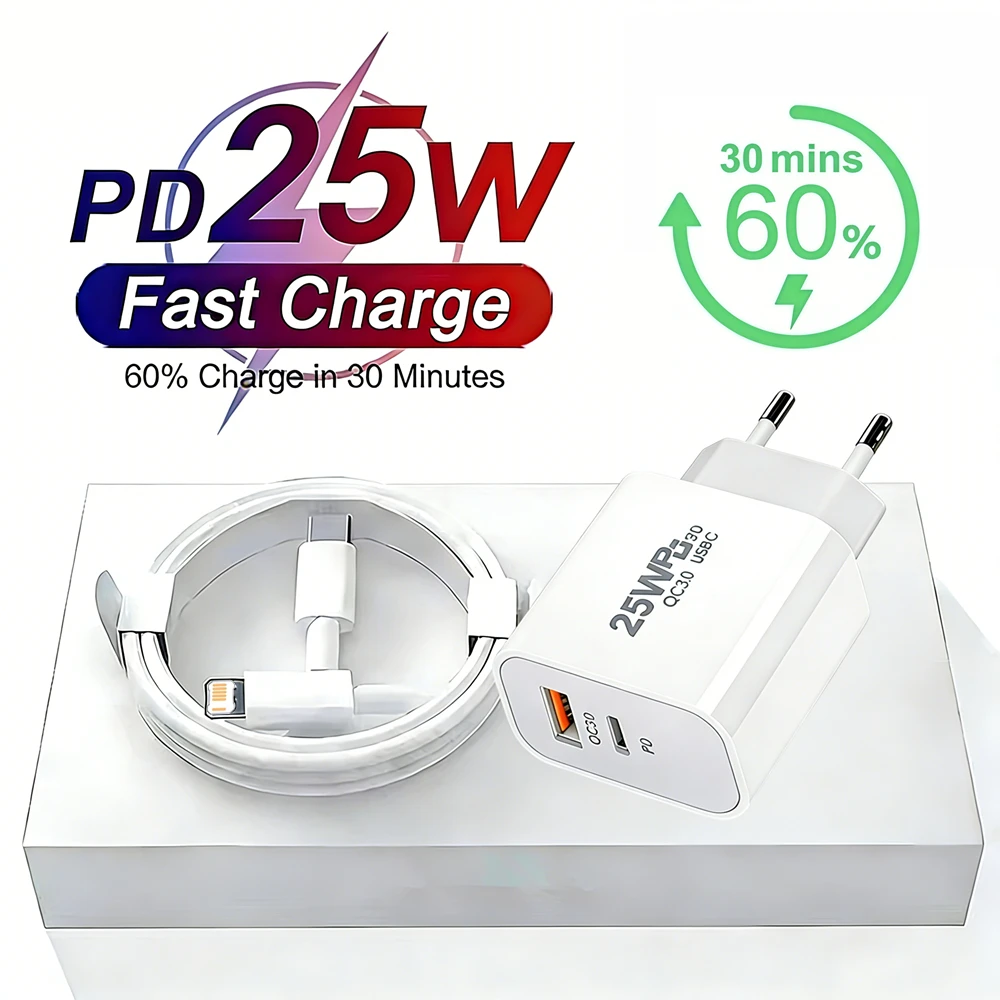 25W PD Fast EU Charger For iPhone 11 12 13 Mini 14 Pro Max X XR XS Max 6S 7 8 Plus SE 2020 Rapid Charging USB-C Cable 1m 1.5m 2m