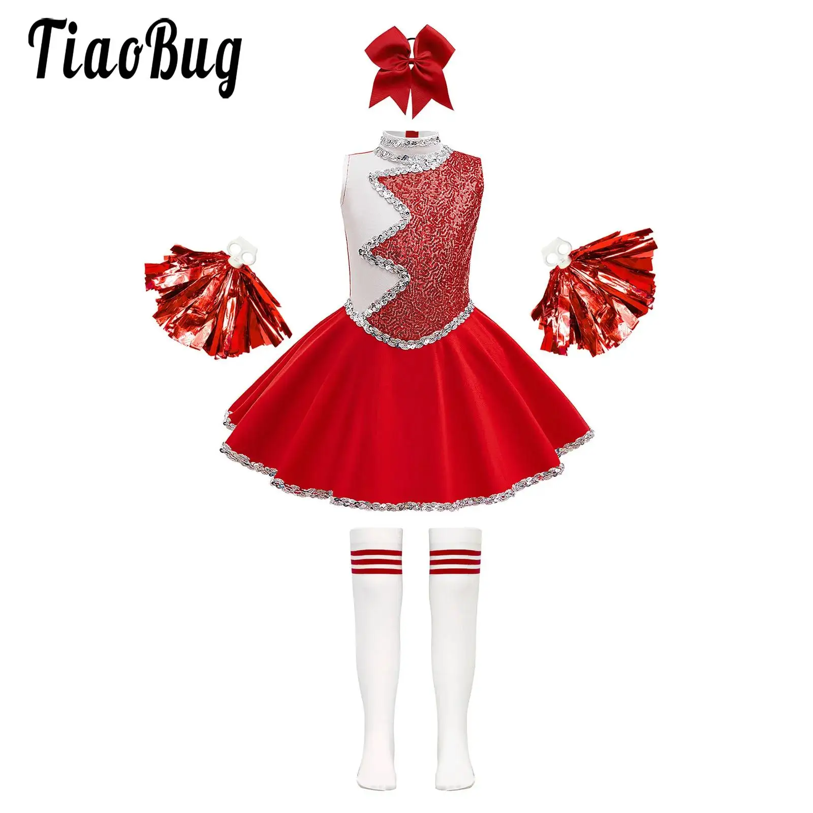 

Kids Girls Glittery Cheer Leader Dance Cheerleading Outfits Sleeveless Zipper Sequins Dress with Headwear Flower Balls And Socks