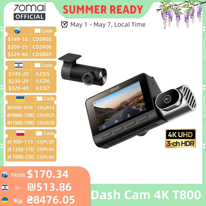 アクセサリー 70mai Dash Cam 4K T800 Premium set Local Warehouse】Global Version 70mai 4K Dash Cam T800 3-Channel