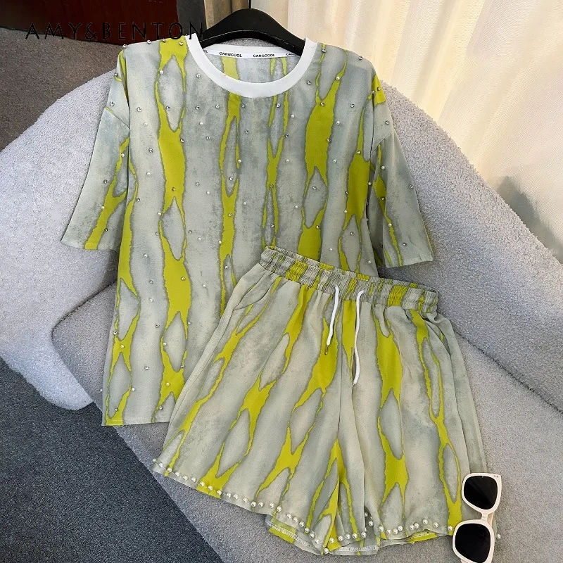 

Summer Fashion Bead-encrusted Diamond Tie-dye Short-sleeved T-shirt Suit Loose Casual Round Neck Top Shorts Two-piece Set Ladies