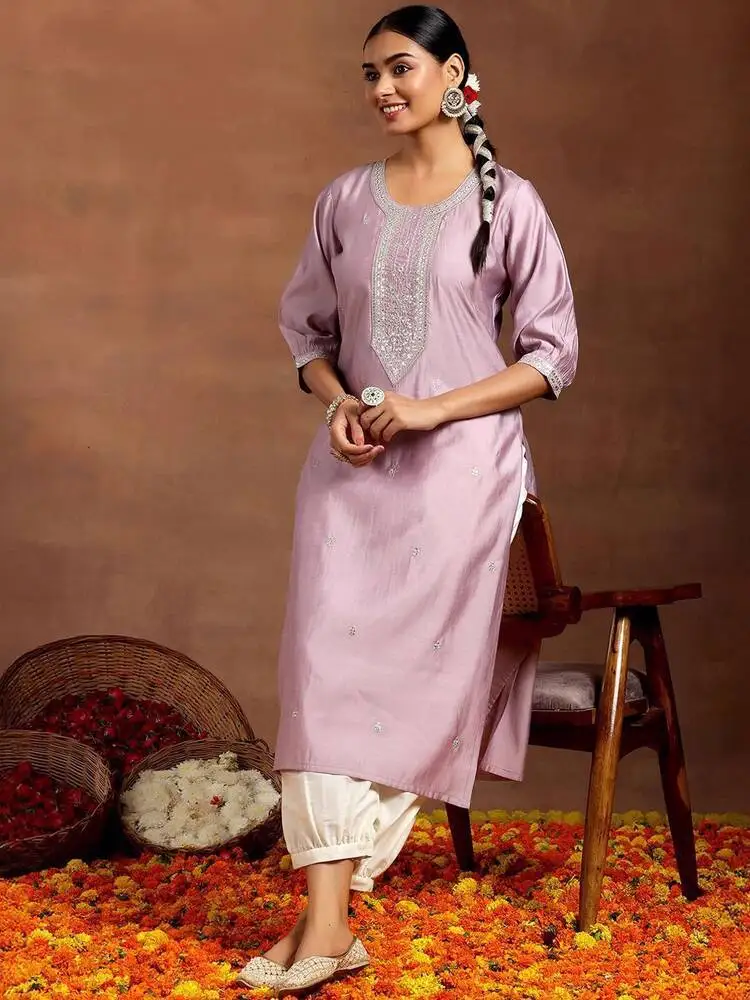 Indian Women's Clothing Unique Round Neck Loose Purple Exotic Style Cotton Blend Embroidered Spring Summer Mid-Length Top