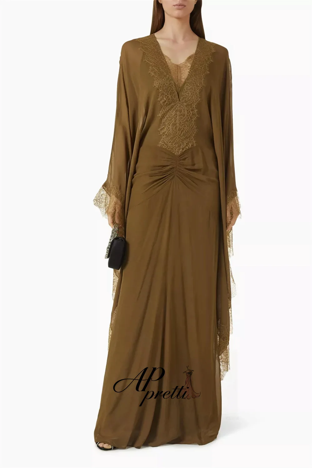 AP pretti Vintage A-line Deep V-Neck Saudi Evening Gown Dress Long Sleeves Lace Pleat Prom Gown Customized Party Dress 2026