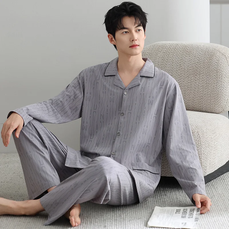 Big Size M-4XL Men Turn-down Collar Pajamas Set Knited Cotton Sleepwear Male Autumn Long Sleeve Pyjamas