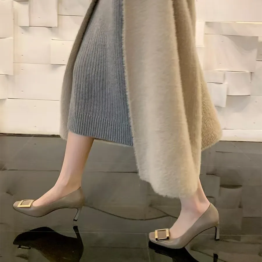 جديد عارية اللون رقيقة عالية الكعب تنوعا موضة الفم الضحلة ساحة تو المعادن حفلة مربع زر المرأة حذا فردي للسيدات بواسطة التدفق #6