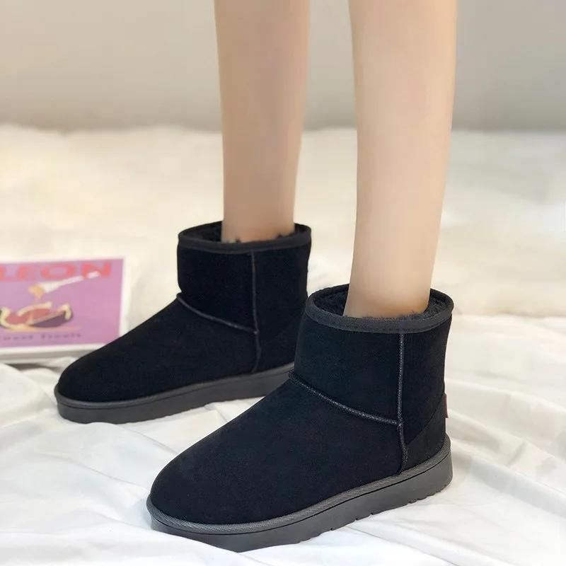 Botas de nieve de invierno de lana gruesa para mujer, botas cortas de algodón cálidas de Color sólido con parte inferior plana, botines informales sin cordones con punta redonda