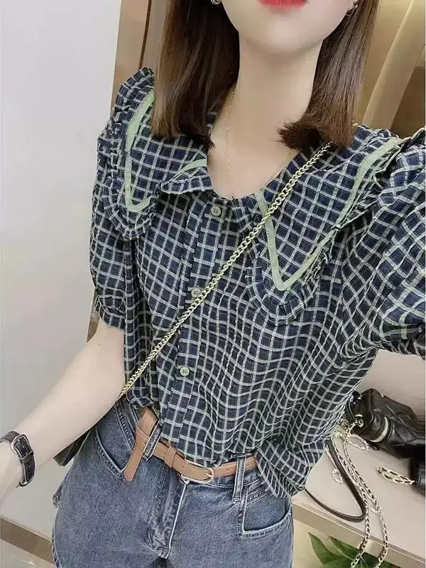 

plus Size 300 Pounds Plaid Doll Collar Shirt Women's Summer Design Sensation Age Reduction Top Casual Style Loose Fit