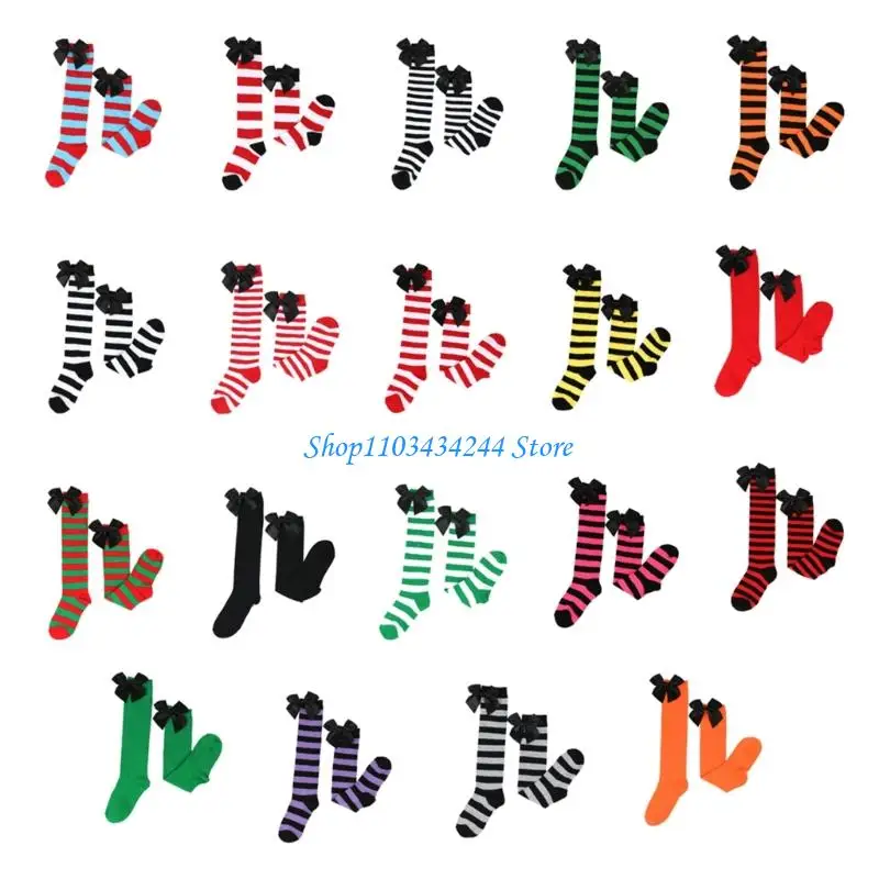 Girls Knee Socks With Decorative Bows For Active Play Striped Stockings for Kids Teens
