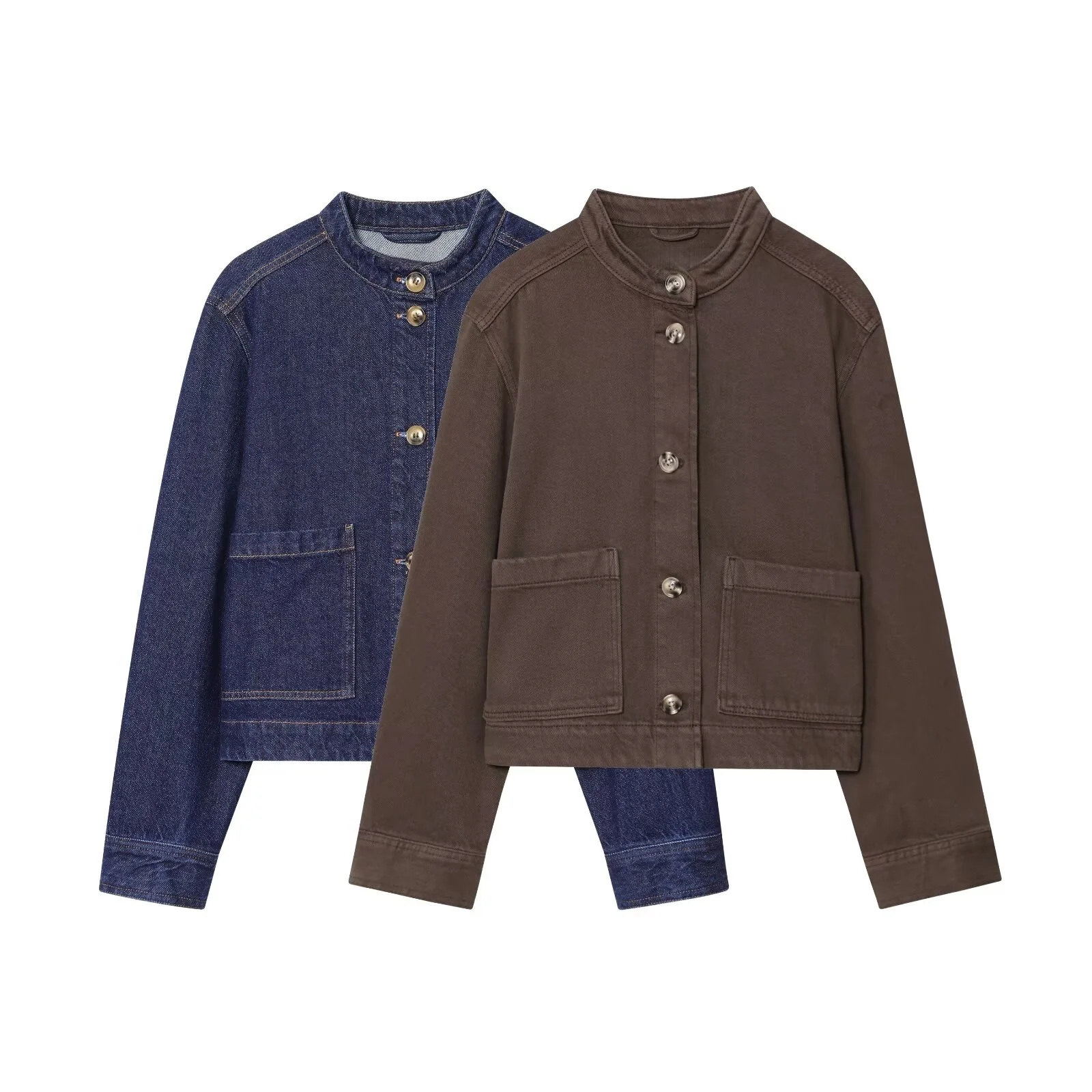 

PB&ZA2025 women's autumn new large pocket casual fashion all-match small stand collar long sleeve twill jacket