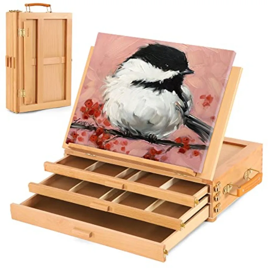 Large Tabletop Easel Storage Adjustable Beech Wood Table Top Easel for Painting Portable Sketch Box for Art Supplies Desktop Tr