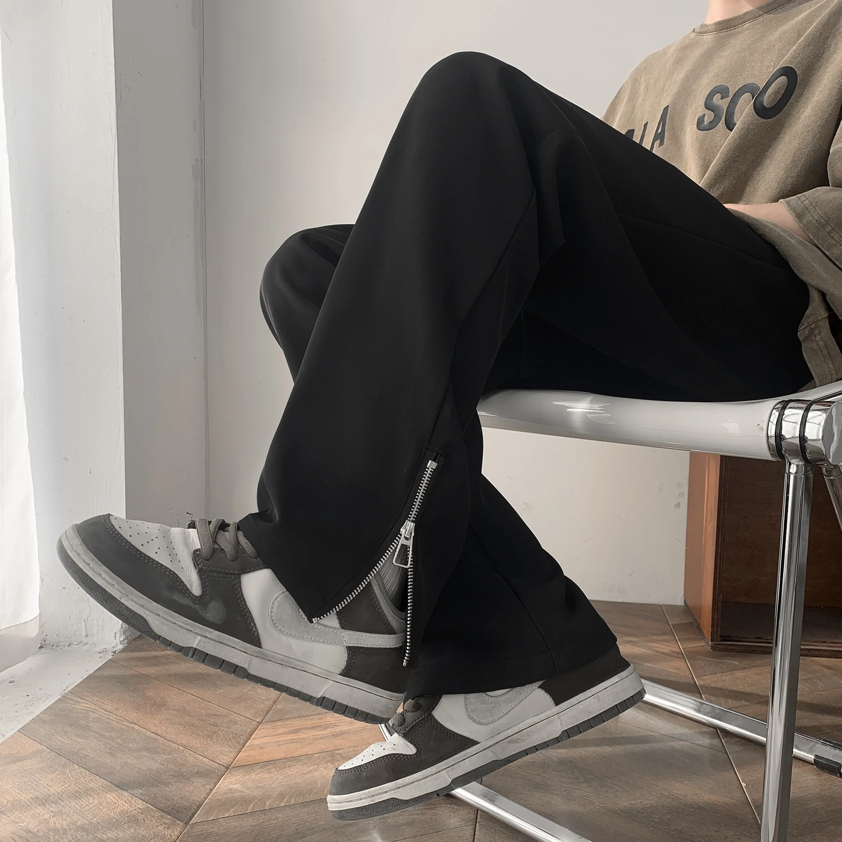 

Мужские повседневные свободные брюки прямого кроя, весенне-осенние, тонкие, с боковыми разрезами на молнии, дышащие, удобные спортивные брюки