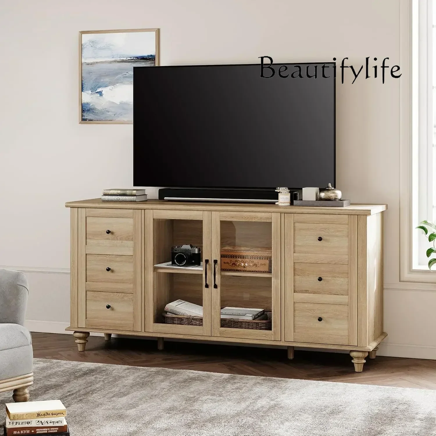 

2025New-Farmhouse TV Stand , Wood Universal TV Console Table, Entertainment Center for 32-75 inch TV Console Cabinet, 58'',Oak