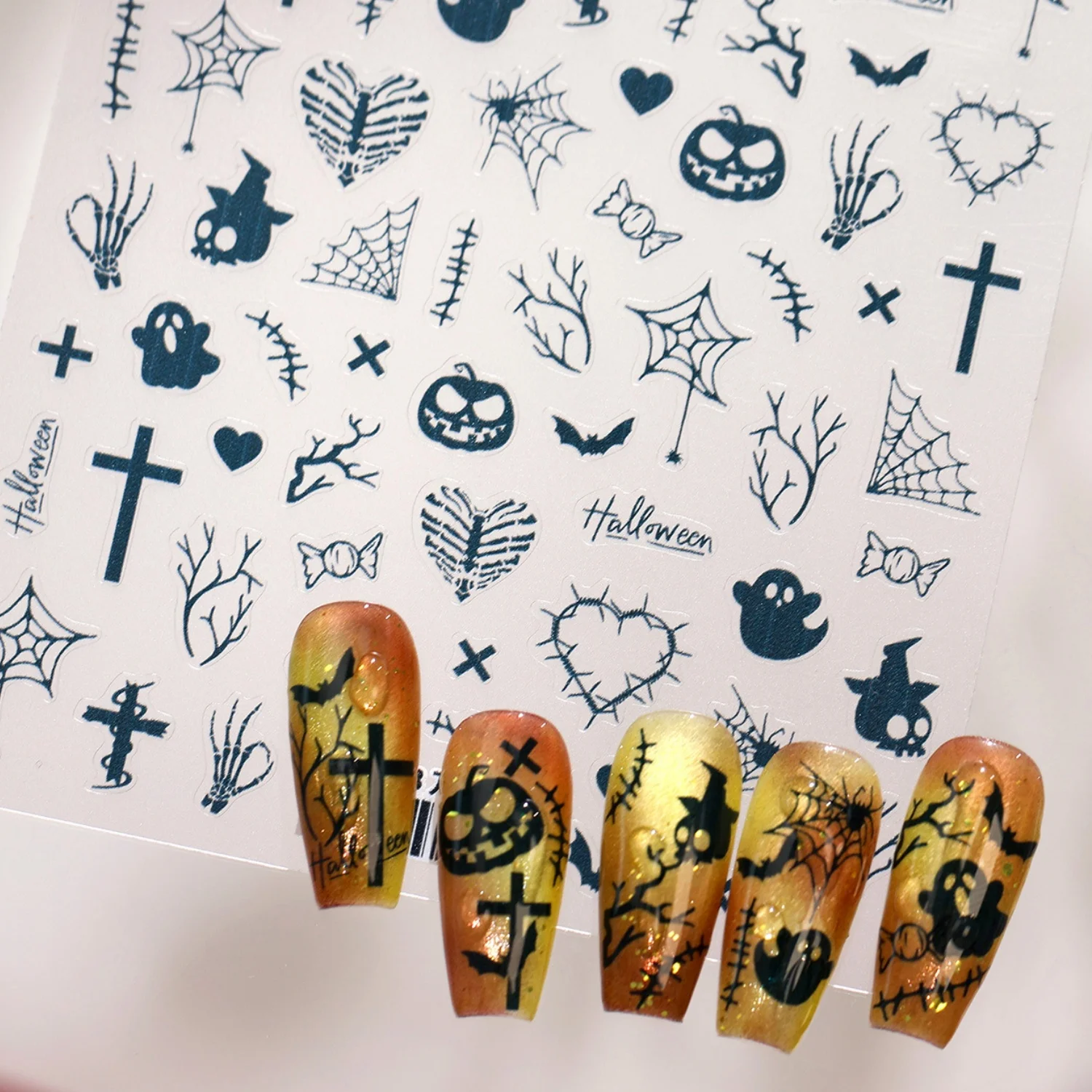 Halloween Dunkle Skelett-Linien Kreuz Herz Totenkopf Kürbis Verwitterter Zweig Spinnennetz Knochen Handfläche Süßigkeiten 5D Nagelaufkleber Gotische Dekoration
