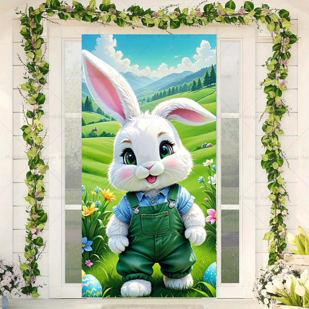 Happy Easter Theme Fantasy Background Spring Door Cover Bunny Flower Eggs Cute Rabbit Baby Party Children Birthday Decor Gift