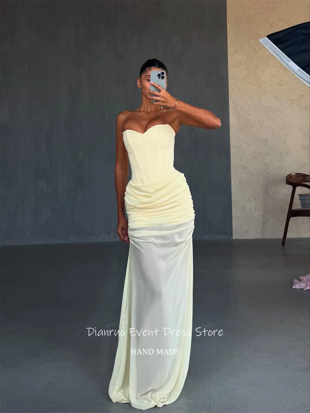 Dianruo الوهم فساتين سهرة بدون أكمام Ruched على شكل قلب ماكسي رداء حفلات شيفون رشيقة فيستدوس فورماليس مخصص