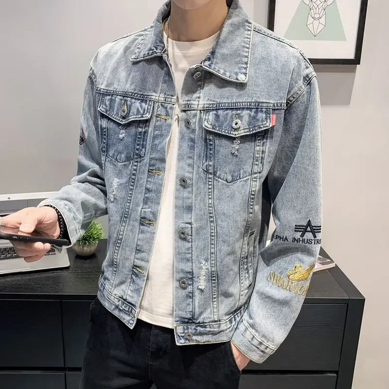 Button Cowboy Coat for Men With Embroidery Denim Jackets Man Ripped Hole New In Fast Delvery Y2k Cheap Price Stylish of Fabric