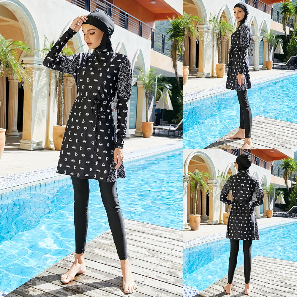 

Long Sleeve Muslim Women Swimsuits Printed Full Cover Islamic Swimwear Burkinis Hijab Tops Pants 3 Pieces Set Swim Bathing Wear