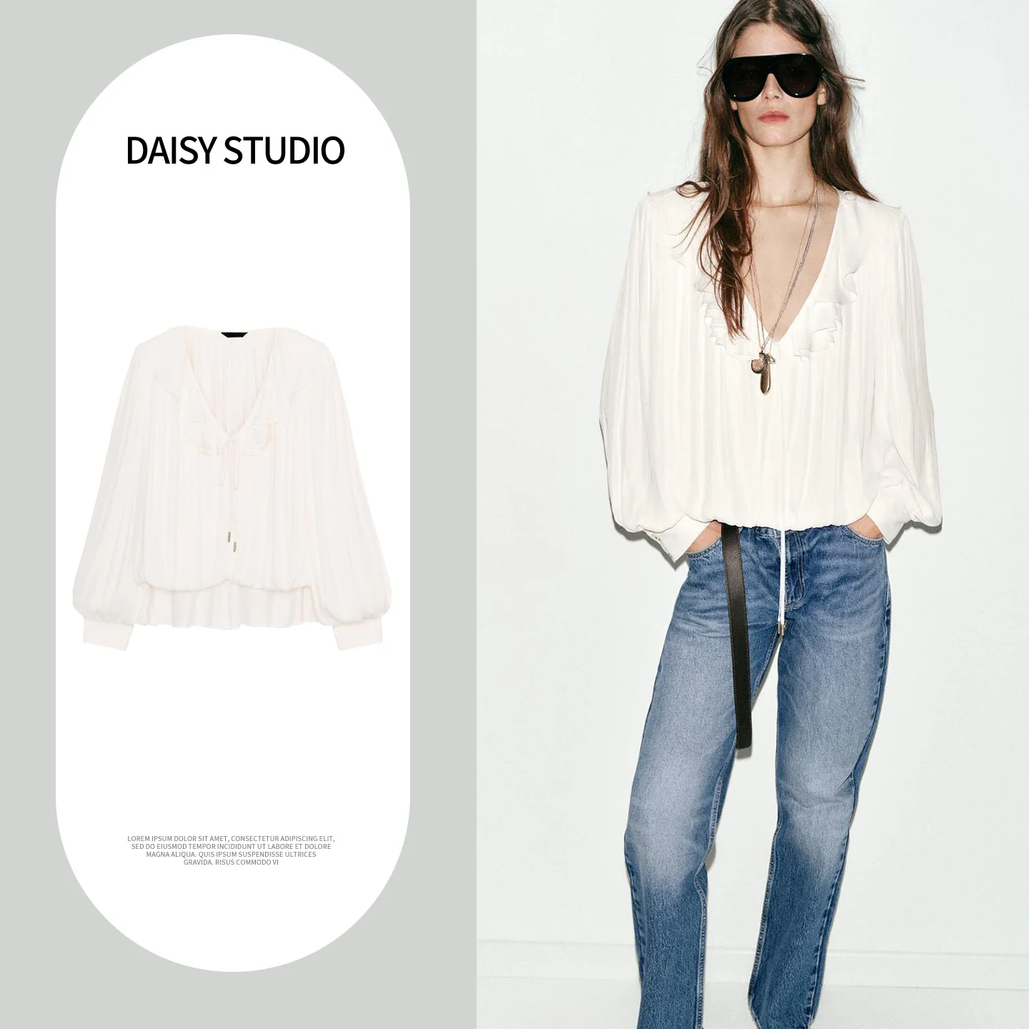 

Весенняя новинка: Женская минималистичная блузка с глубоким V-образным вырезом, длинными рукавами, подплечниками и декоративными драпированными элементами из полиэфирного волокна